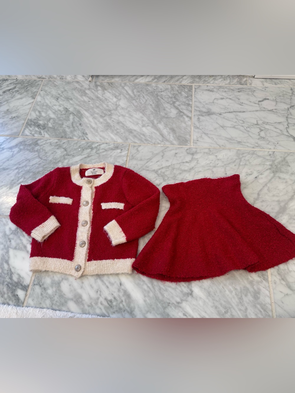 H&M Red Knit Skirt and Cardigan Set with Cream Trim